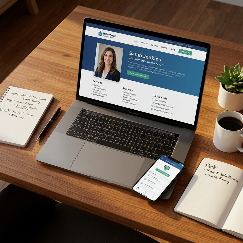 A laptop displaying a professional agent profile beside a smartphone and notepad